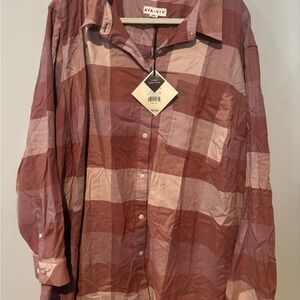 Ava & Viv Plaid Button Down Shirt - Cream and shade of pink